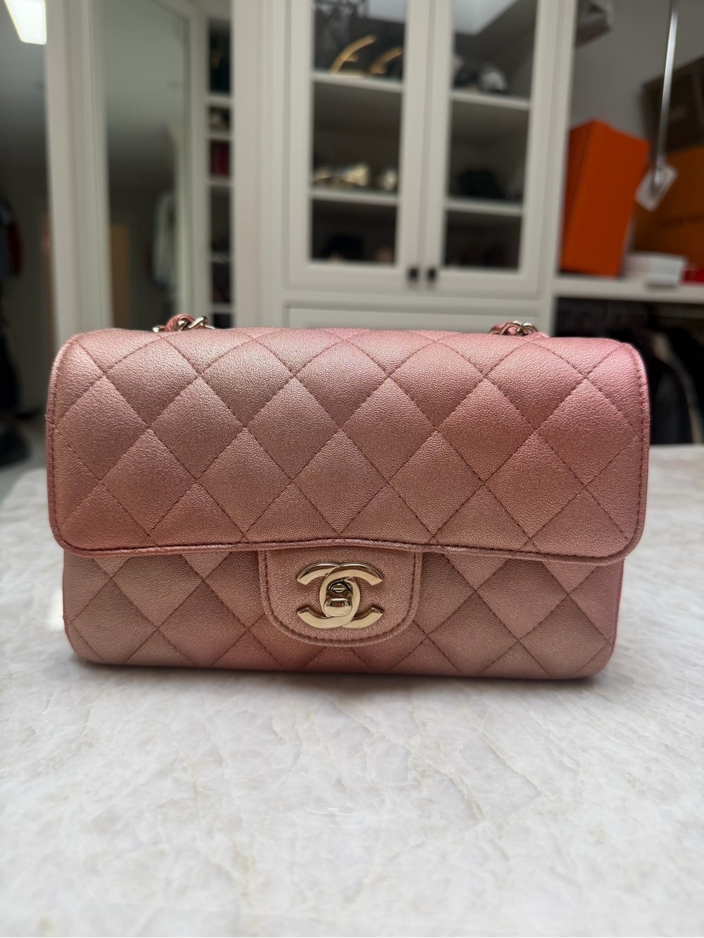 Chanel 21S Mini Rectangular Classic Flap Metallic Rose Gold
